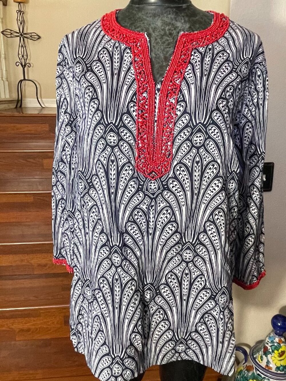Talbots Tunic Top Navy & White Paisley Print Red Beading 3/4 Sleeve Cotton Large